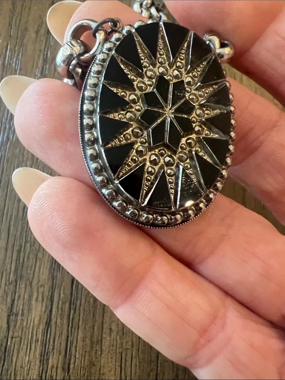 Authentic Sabika S15 black Swarovski crystal medallion necklace black and silver